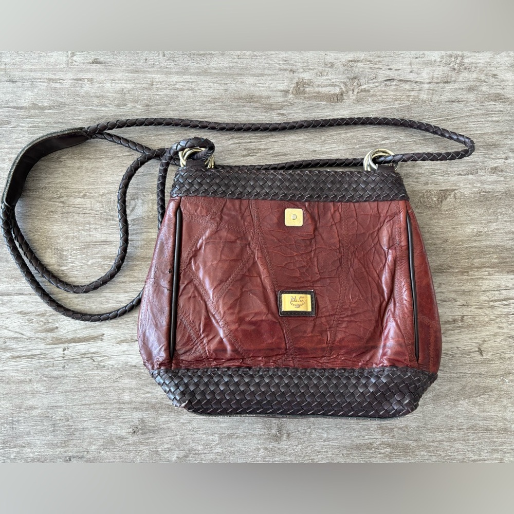 VTG MC Leather Shoulder Bag Purse Woven Burgundy Brown Western Luxury Cowgirl
